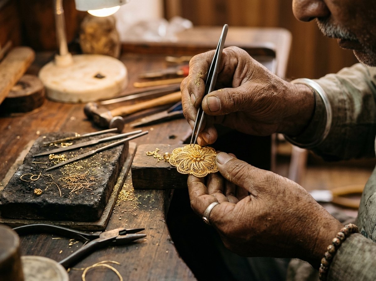 Master goldsmith crafting intricate Indian gold filigree jewellery