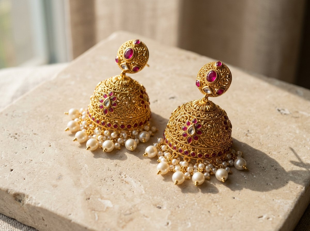 Artisan Bell Jhumkas with Ruby Inlay